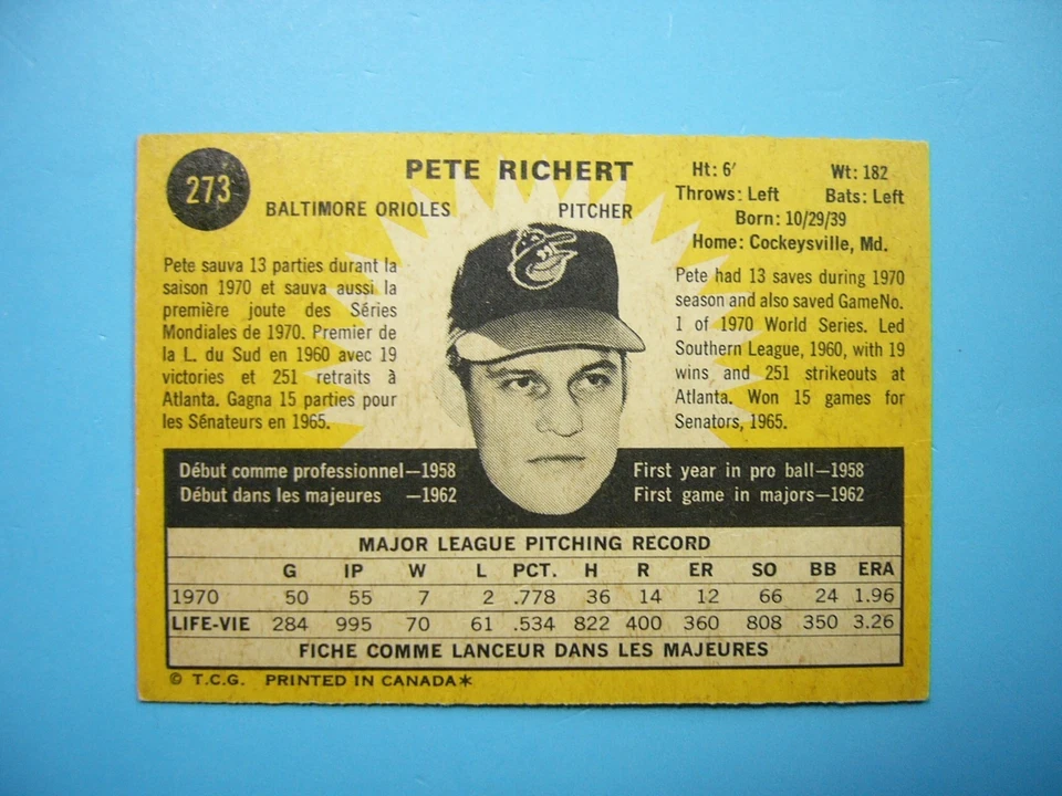 1971 O-PEE-CHEE MLB BASEBALL CARD #273 PETE RICHERT VG+ NICE AUTOGRAPH AUTO OPC - Image 2 of 3