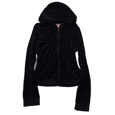 Juicy Couture Women's Jet Black Velour Zip-Up Hoodie Loungewear Pockets Size XL