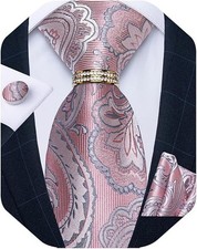 Mens Tie Set Silk Necktie and Gold Tie Ring Pocket Square 05 Pink Paisley