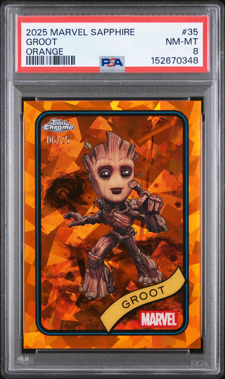 2025 Topps Chrome Marvel Sapphire Edition Groot Orange /25 #35 PSA 8