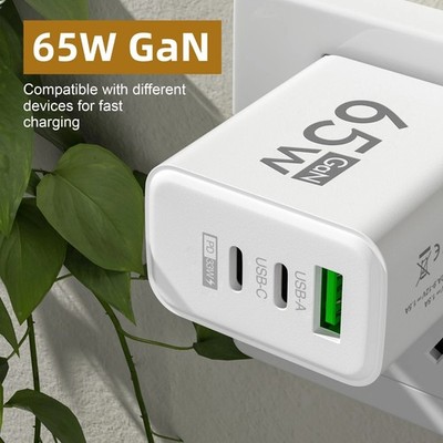 Charger 65W GaN USB C Wall Plug 3-Port PD Fast Charging Block Hub Adapter US
