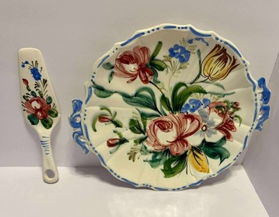 vintage Italian Renaissance Revival Faïence Nove Rose floral platter cake set