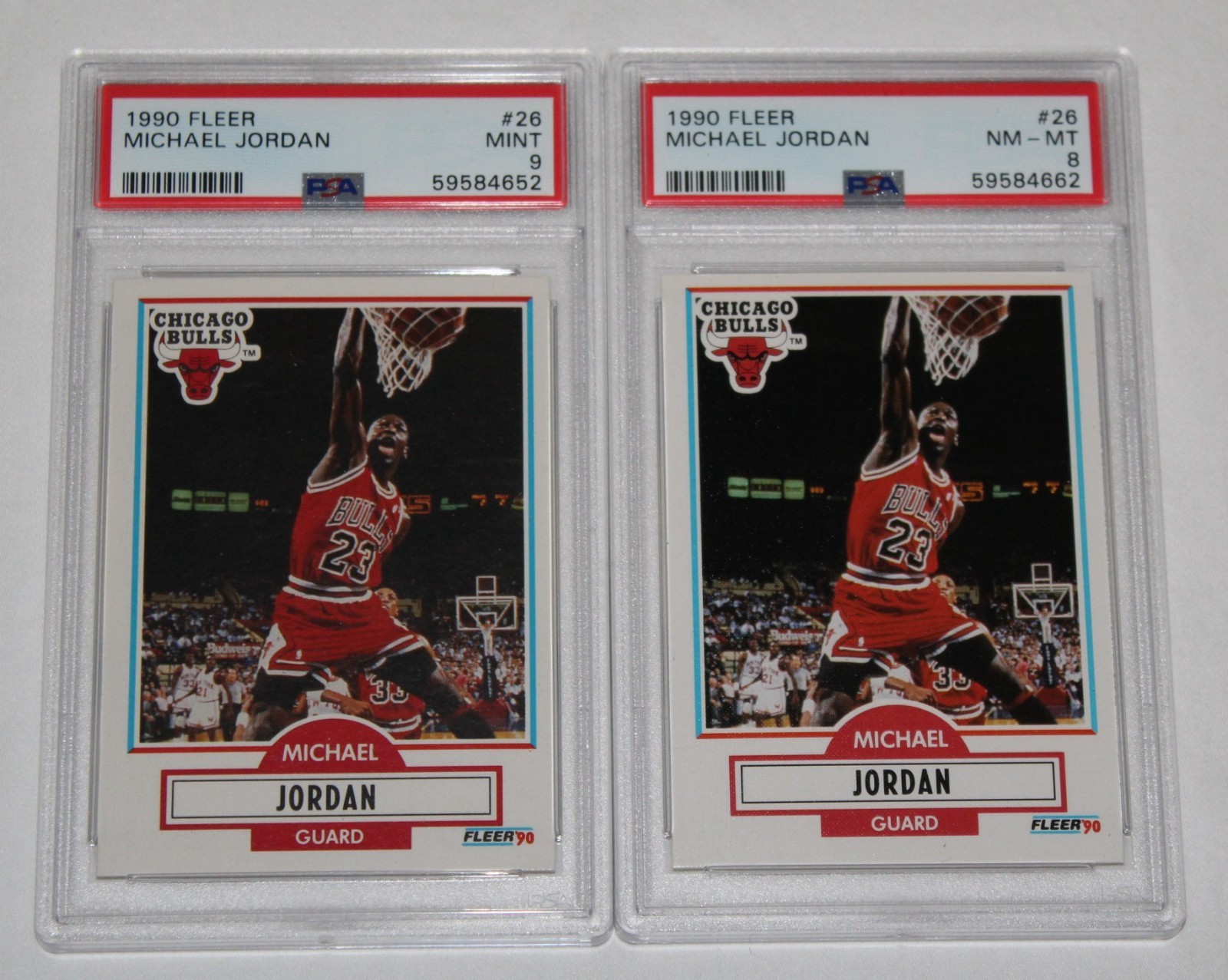 1990 Fleer Basketball Card #26 MICHAEL JORDAN Chicago Bulls PSA 9 MINT & 8 NM-MT