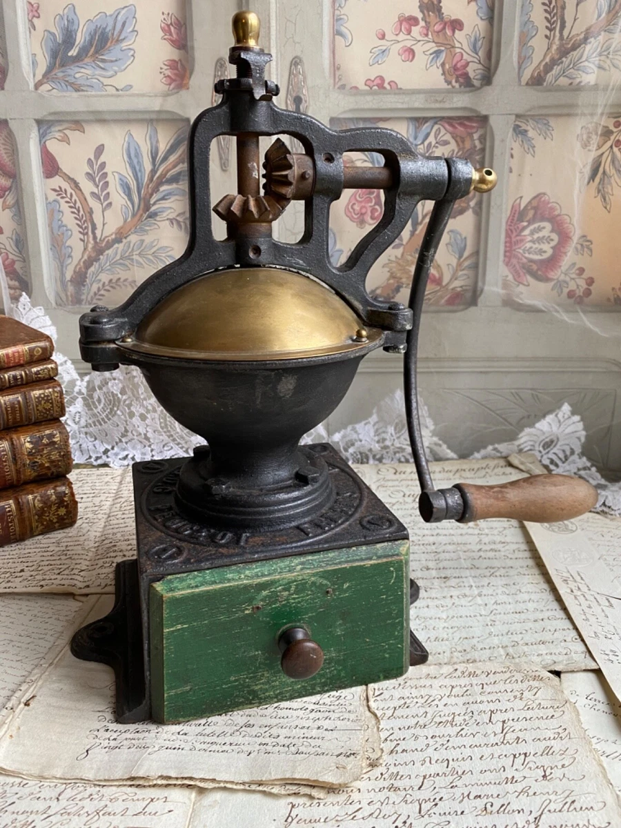 ANTIQUE FRENCH COFFEE GRINDER PEUGEOT FRERES N°A1 BEAN MILL CAST IRON WOOD  BRASS