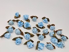 25 pcs Blue Satin Loop Ribbon Roses Flowers Rose Head Leaves Sewing Applique