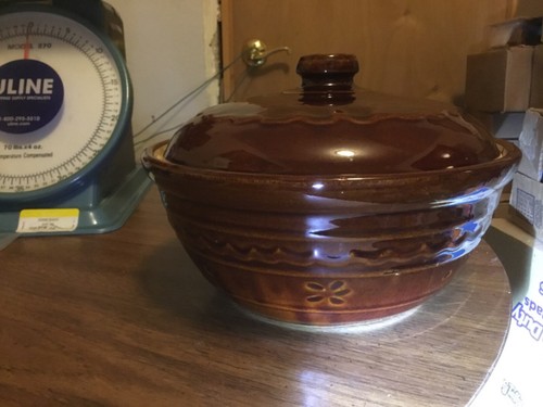 Vintage Marcrest Oven Proof Stoneware Bowl 8" with Lid Daisy Dot Brown Dutch