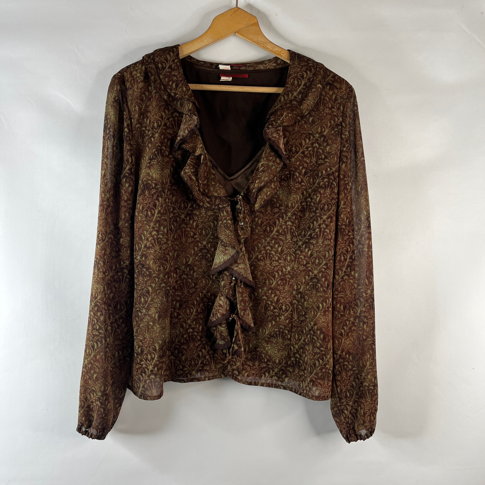 Tapemeasure Womens Y2K Blouse Shirt Top Size 14 Brown Green Floral Ruffle Sheer