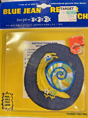 VTG 3 Fish Inc Blue Jean Repair Patch Iron-on EMBROIDERED SNAIL Postcard Mailer