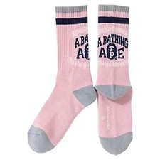 BAPE A Bathing Ape Head Logo College Stripes Crew Socks Pink Grey/black Stripe