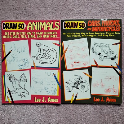 Draw 50 Animals & Cars, Trucks and Motorcycles by Lee J. Ames 2 Book Lot Vintage
