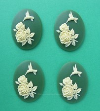 4 IVORY Color HUMMINGBIRD ROSES Flowers on IRISH GREEN 40mm x 30mm Craft CAMEOS