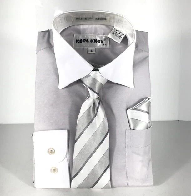 Karl Knox Boys Dress Shirt Gray White Collar Cuffs Gray Silver Tie Hanky