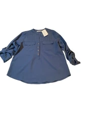 Notations Women's Shirt Small Rolled 3/4 Tab Sleeve Button Pocket Top