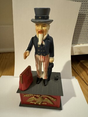 1970s Vintage Uncle Sam Mechanical Coin Money Drop Plastic Bank
