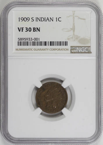 1909-S Indian Head Cent 1c NGC VF30, Key Date [BN001]
