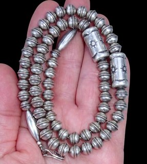 20" Navajo Pearl STERLING NECKLACE Bench Bead Stamped Vintage Oxidized CYLINDER