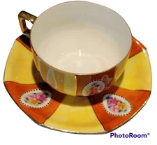 Rudolf Wachter RW 27 Bone China Cup Saucer Orange Yellow Floral  Gold Trim Vtg