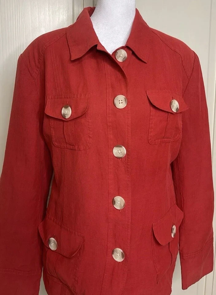 Dialogue Women’s Red Button Down Blazer Shacket Top Silk Linen Sz 16 - Image 2 of 4