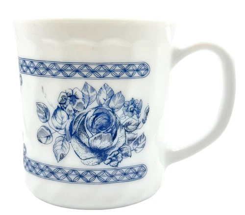 White Milk Glass Blue Floral Arcopal France Honorine Mug Coffee Tea Cup 8 oz