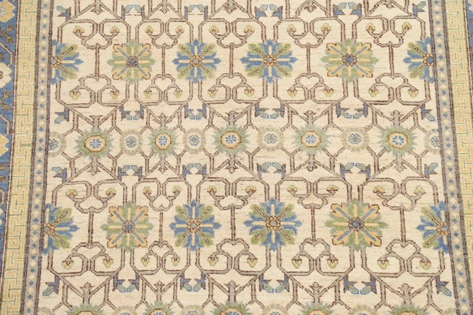 IVORY Geometric Khotan Oriental Area Rug Hand-knotted Vegetable Dye 6'x9' Carpet - Image 4 of 4