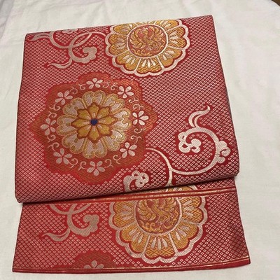Taisho Nagoya Obi Silk Sienna & Chrysanthemum Pattern Used