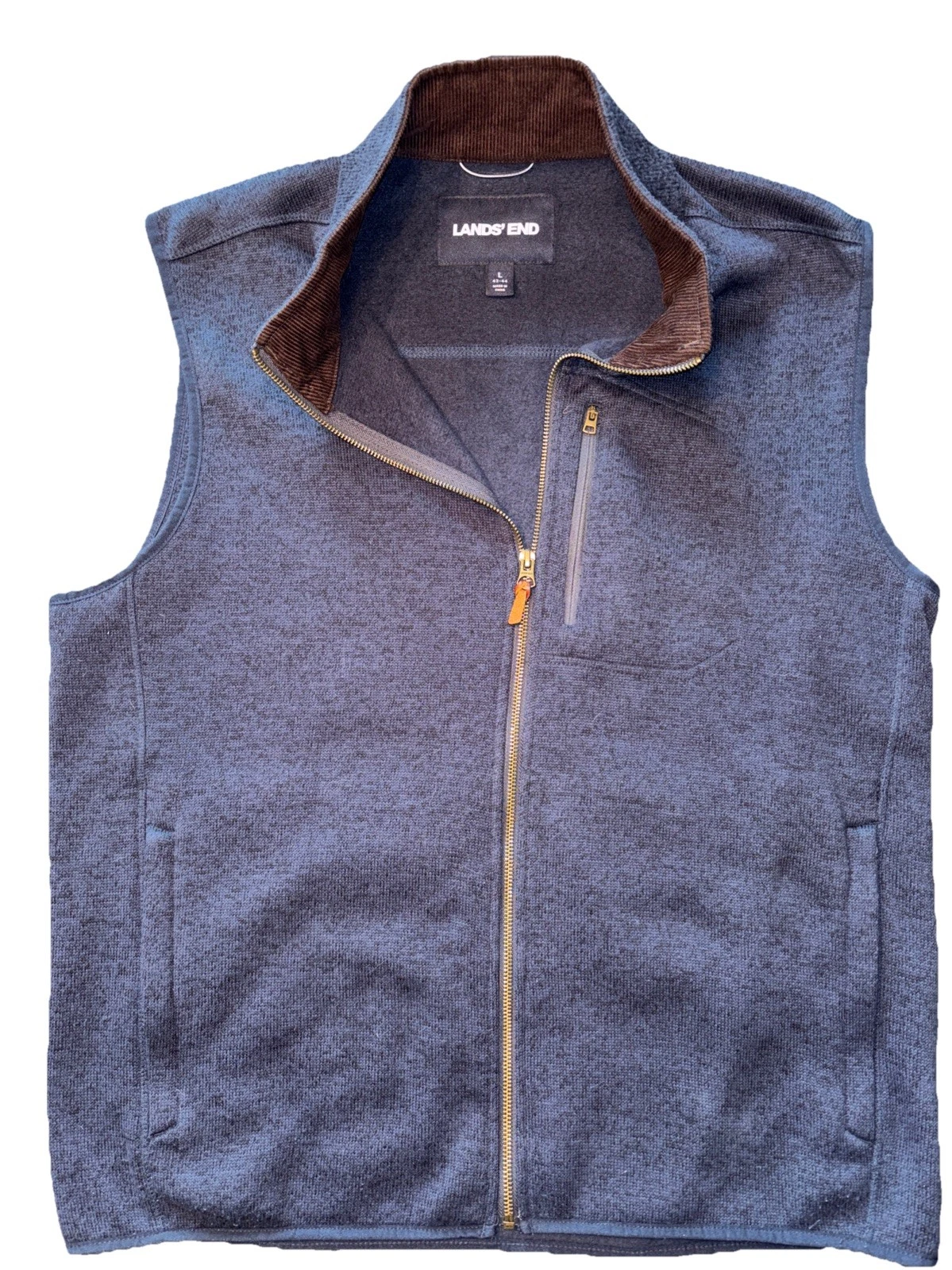 Lands’ End Men’s Knit Vest Large Navy Brown Full Zip Pockets