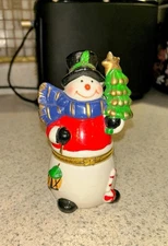 Snowman Trinket Jewelry Box Winter Top Hat Scarf Christmas Tree Hinged Lid
