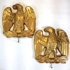 Set of Two Vintage 1968 Miller Studios Gold Finish Chalkware Eagle Wall Plaques