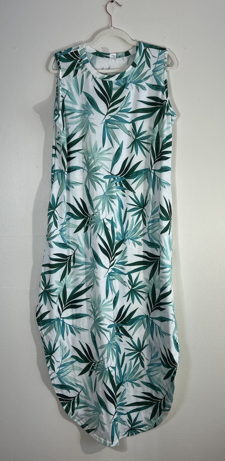 Anrabess Dress Large Green Palm Print Pullover Tank Shift Pockets Curved Hem