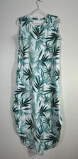 Anrabess Dress Large Green Palm Print Pullover Tank Shift Pockets Curved Hem