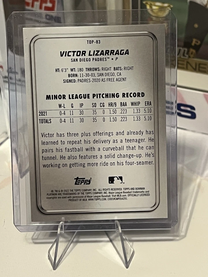 2022 Bowman Platinum - Top Prospects Victor Lizarraga #TOP-83 (RC) #17/150 - Image 3 of 3