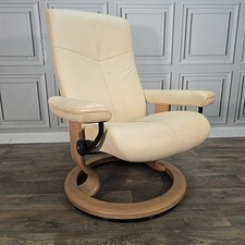Ekornes Stressless Recliner Chair - Cream Leather Swivel Lounge Seat - Retro