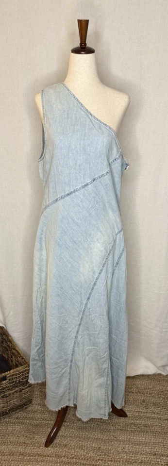 Zara Denim Asymmetrical One Shoulder Dress with Frayed Hem, Size XL - Image 2 of 4