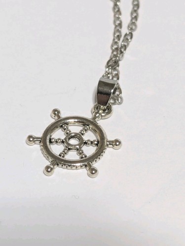 Silver Tone Ship Wheel (The Helm) Pendant Chain Necklace 18". Nautical.