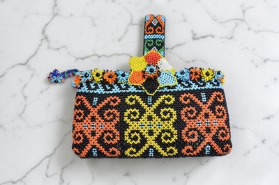Handmade Borneo Inspired Beaded Clutch Wristlet Tribal Floral Zip Pouch Bag