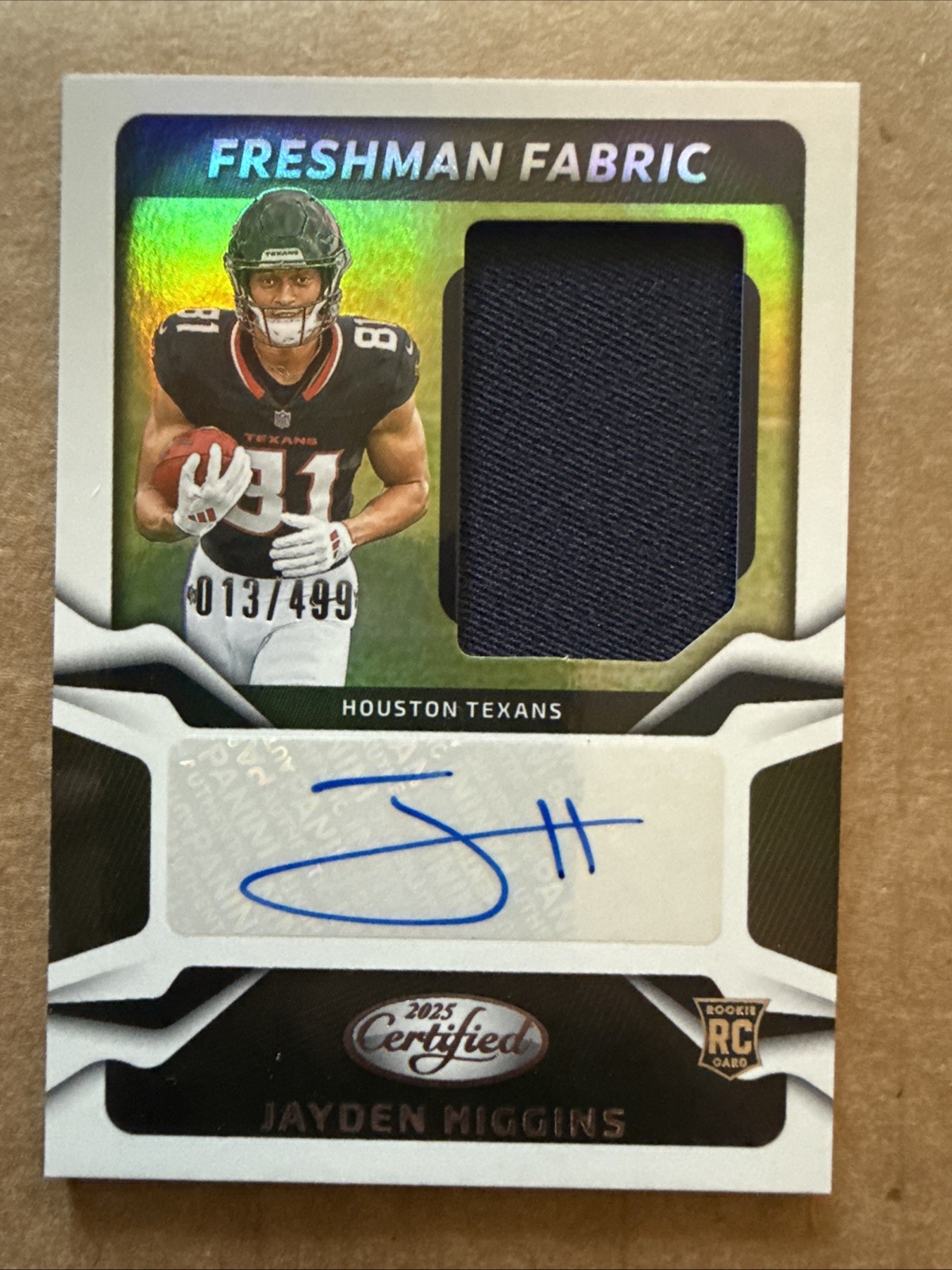 2025 Panini Certified Freshman Fabric Mirror Signatures Jayden Higgins JHS /499