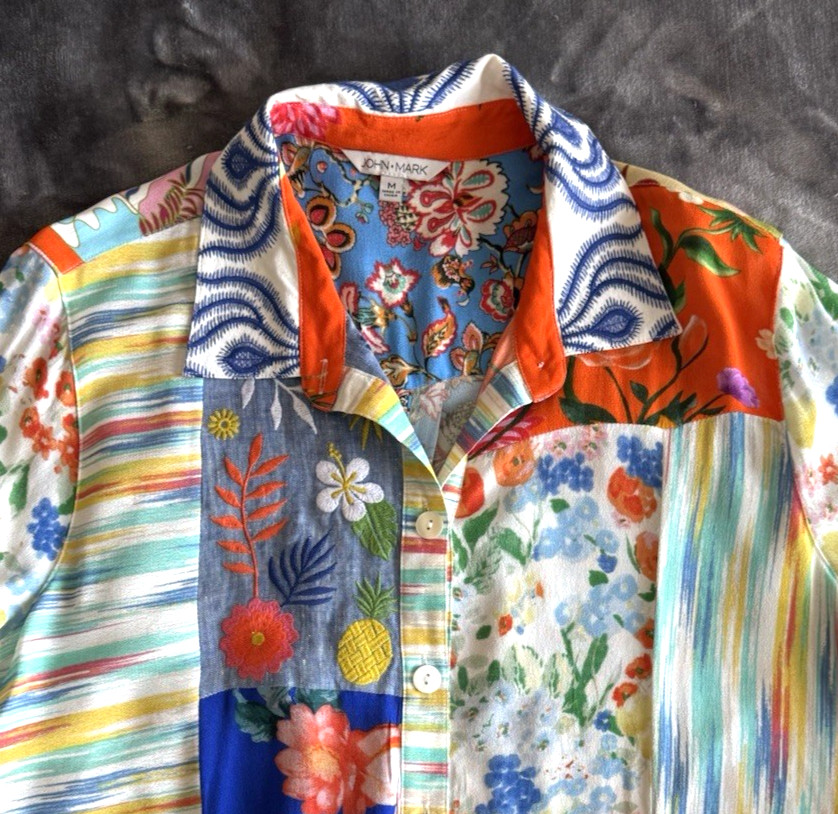 JOHN MARK Patchwork Floral Print Roll Tab Sleeves… - image 4