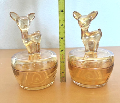 Vintage Lot of 2 Jeanette Marigold Carnival Glass Deer Fawn Trinket Powder Jars