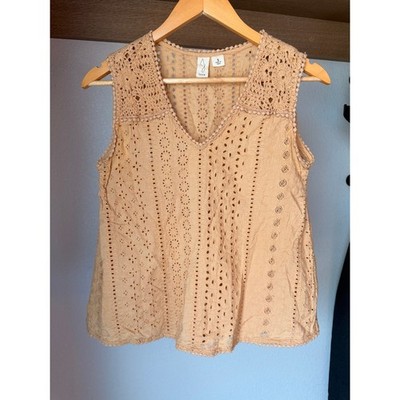 Joie Womens Small Apricot Eyelet Crochet Lace V-Neck Sleeveless Cotton Top