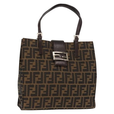 FENDI Zucca Canvas Mamma Baguette Tote Bag Black Silver Brown Auth