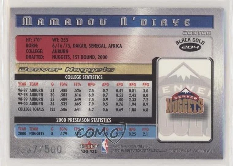 2000-01 Fleer Futures Bright Odds Black Gold /500 Mamadou N'Diaye #204 Rookie RC - Image 2 of 2