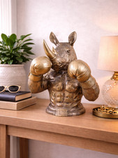 Rhino Boxer Ornament Antique Gold Finish – Muscular Animal Statue 30cm