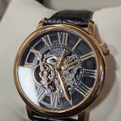 Rotary GLE000017/10S Skeleton Automatic Black Dial Brown Bracelet Men's Watch 