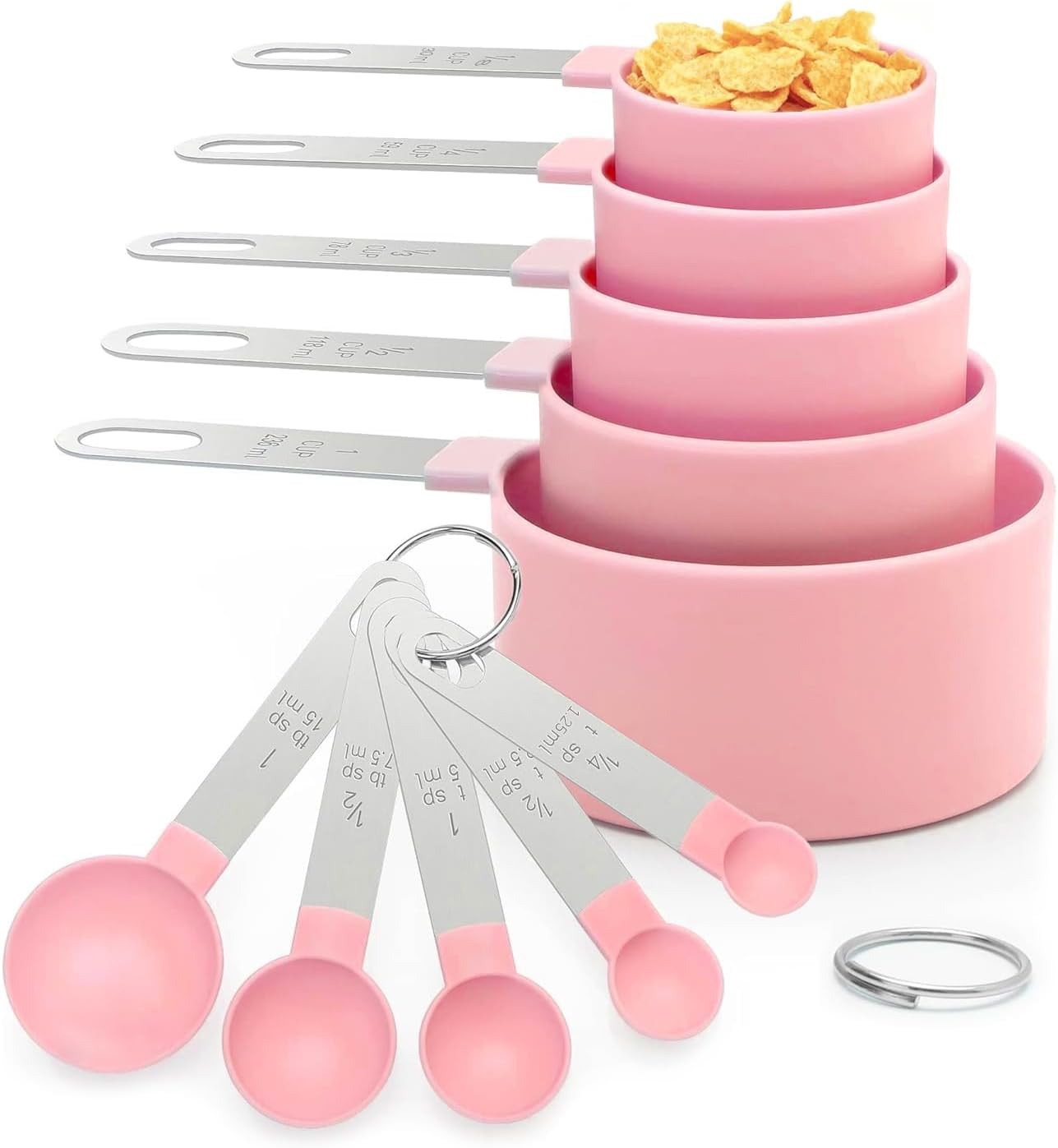 10 Piece Measuring Cups and Spoons Set Stackable Stainless Steel Handle Pink
