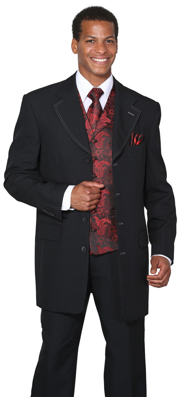 Men's 4 Button Fashion Suit With Woven Vest&Tie Two Side Vents Style ...