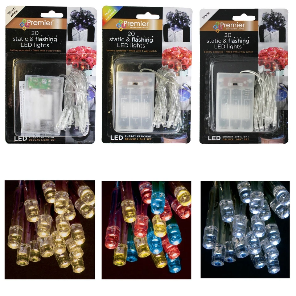 PREMIER DECORATIONS Christmas 20 Static / Flashing LED Battery Lights Clear Cable Choose Colour