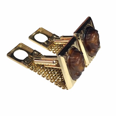 Boutons De Manchette Vintage Hickok Années 70 - Or Et Camée, Style Wrap Around - Occasion Bon état