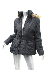 Rampage Black Faux Fur Hooded Quilted Belted Jacket Xl