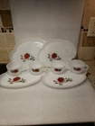 Vtg~Federal Milk Glass~Rosecrest~4 Luncheon Plate/Tea Cup~Snack Sets~ Rose(DR23)