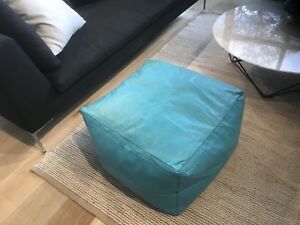 Large Moroccan Leather Ottoman Pouffe, Turquoise Leather Ottoman